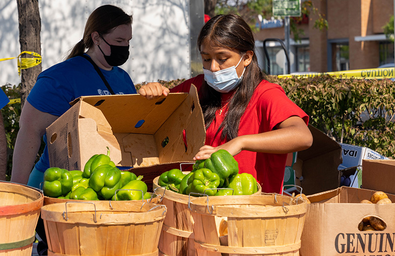 Two women fill baskets with fresh produce. 